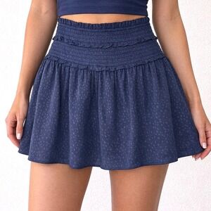 Mustard Seed Navy Blue Smocked Ruffle Mini Skort Skirt Jacquard High Waist Small